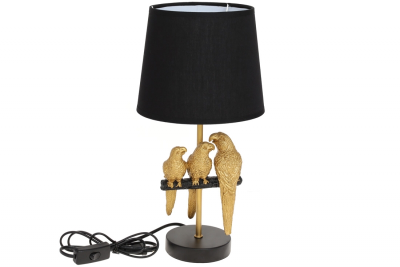 232-721 Лампа настільна 39см з декором Папуги та тканинним абажуром, колір - чорний із золотом