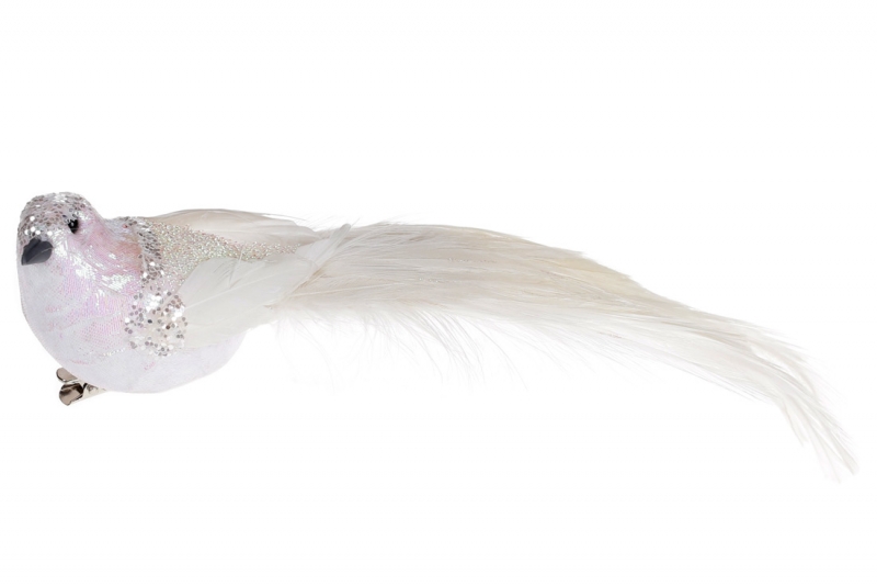 499-029 Декоративна птиця на кліпсі 21см, колір - діамантовий білий