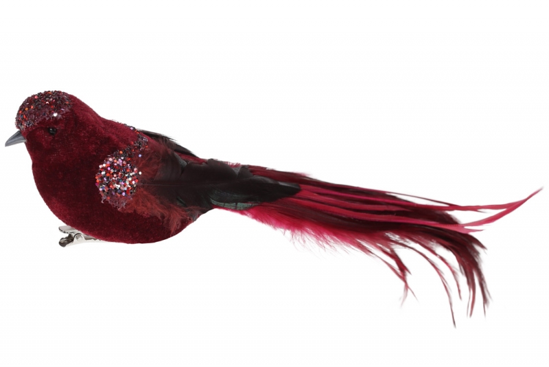 499-039 Декоративна птиця на кліпсі 30см, колір - бордо