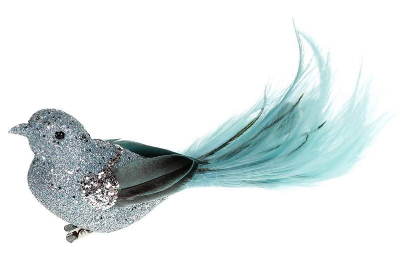 499-042 Декоративна птиця на кліпсі 20см, колір - м'ятно-бірюзовий