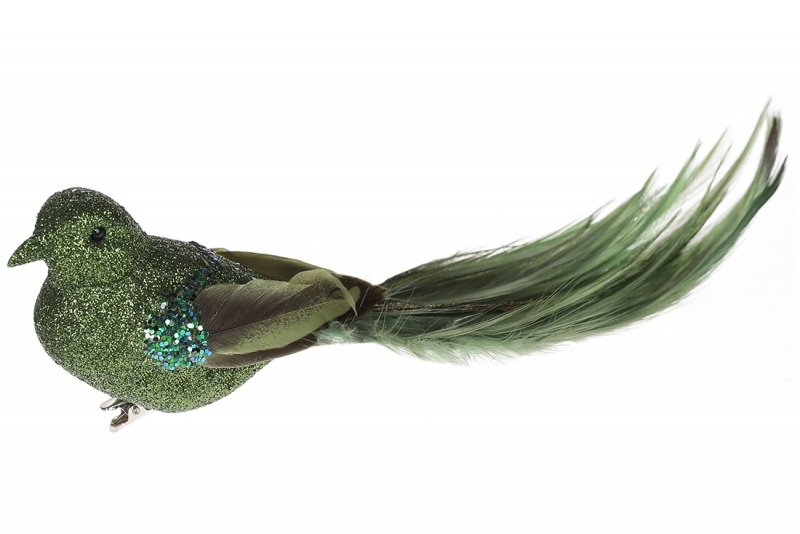 499-044 Декоративная птица на клипсе 20см, цвет - лесной зелёный/12
