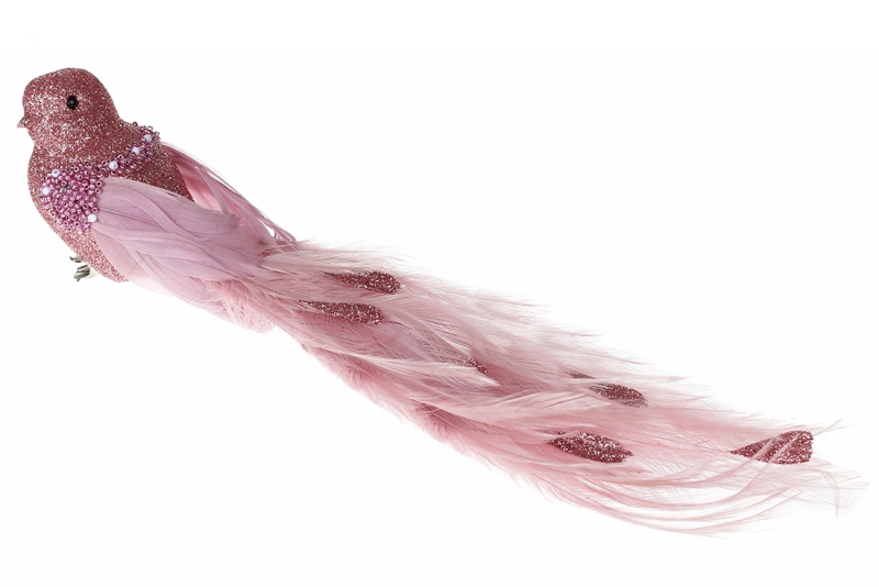 499-048 Декоративна птиця на кліпсі 29см, колір - рожевий