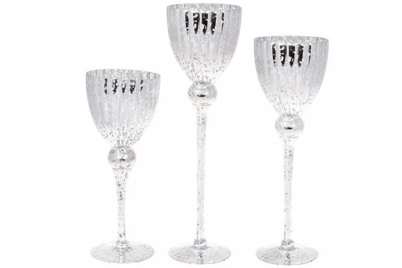 527-713 Набір (3 шт) скляних свічників, 13х30см, 30/35 / 40см, колір - дзеркальний срібний