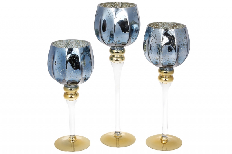 527-711 Набір (3 шт) скляних свічників, 30/35 / 40см, колір - океанічний синій з золотом