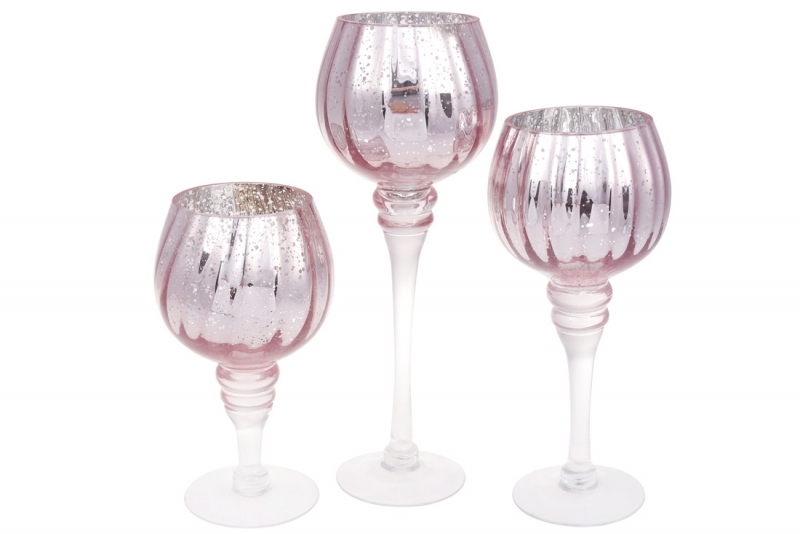 527-715 Набір (3 шт) скляних свічників, 20/25 / 30см, колір - рожевий з сріблом (шт.)