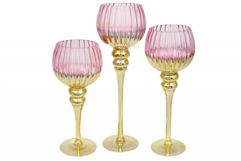 527-718 Набір (3 шт) скляних свічників, 30/35 / 40см, колір - рожевий з золотом (шт.)
