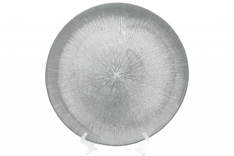 587-007 Сервировочная тарілка скляна, колір - срібло, 33см