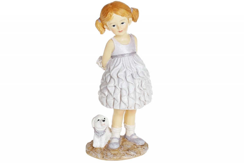 707-575 Декоративная статуэтка Девочка со щенком, 15см, цвет - белый