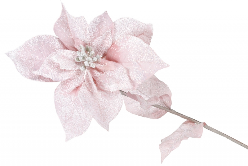 709-380 Декоративный цветок Пуансеттия в инее, цвет - розовый, 65см