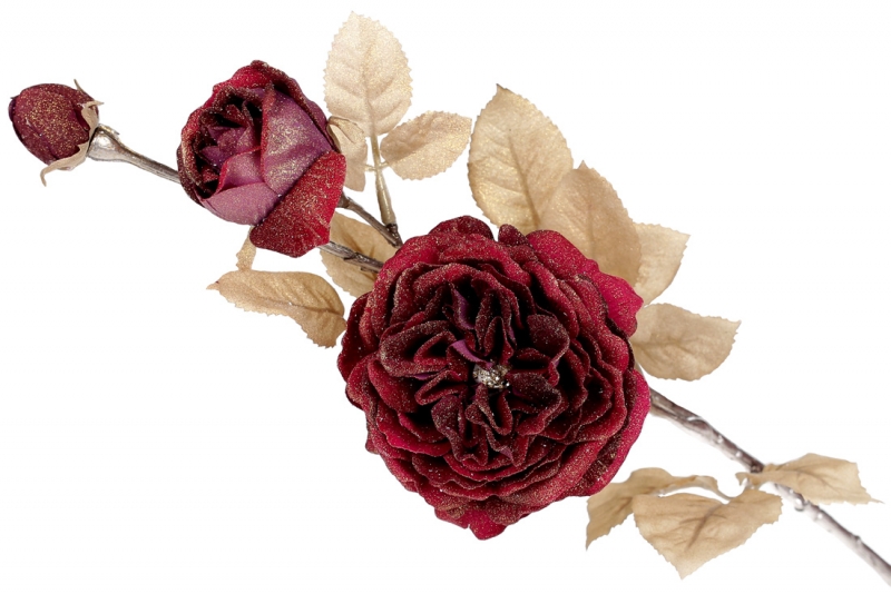 709-414 Декоративна гілка з квітами троянд, 58см, колір - бургунди із золотим глітером
