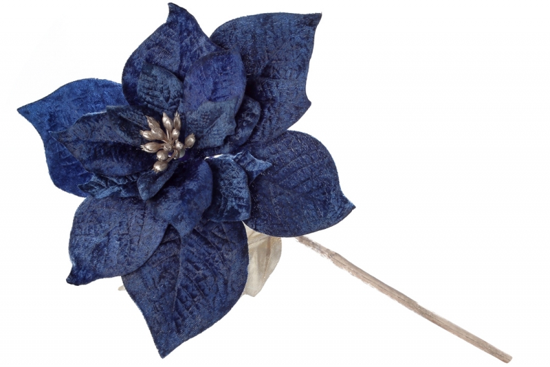 709-485 Декоративна квітка Оксамитова Пуансеттия на короткій ніжці, 30см, колір - глибокий синій