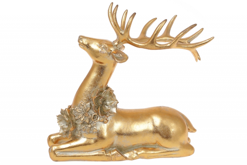 837-149 Декоративная статуэтка Золотой Олень с ожерельем из цветов 22 см, цвет - золото
