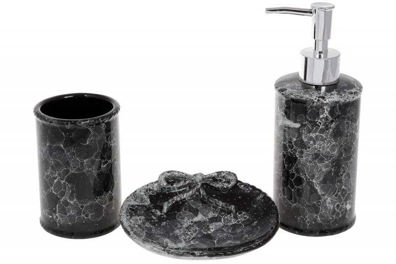 851-302 Набір для ванної (3 предмета) Чорний мармур: дозатор 350мл, стакан для зубних щіток 250мл, м