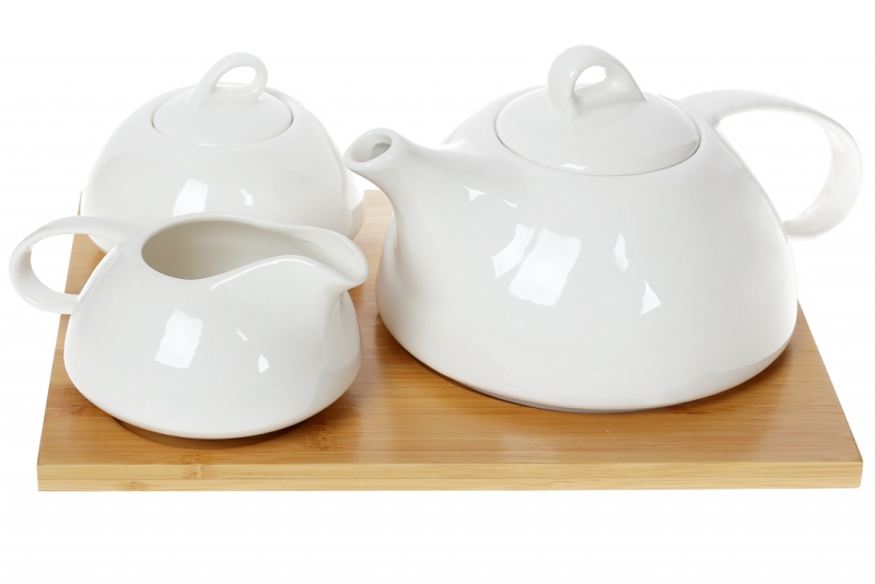 938-001 Чайный фарфоровый набор Naturel: чайник 800мл, молочник 260мл и сахарница 300мл на подставке