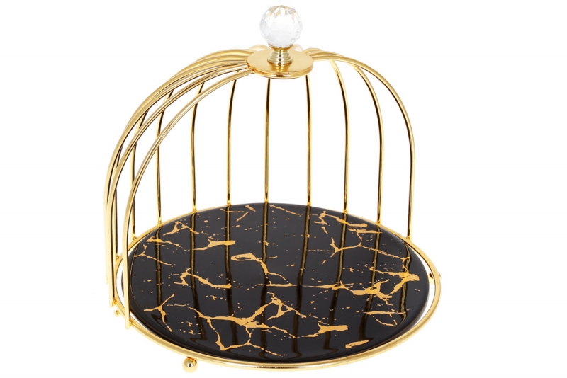 954-521 Фарфоровая подставка в форме клетки для птицы Мраморная Роскошь, 22см, цвет - черный мрамор