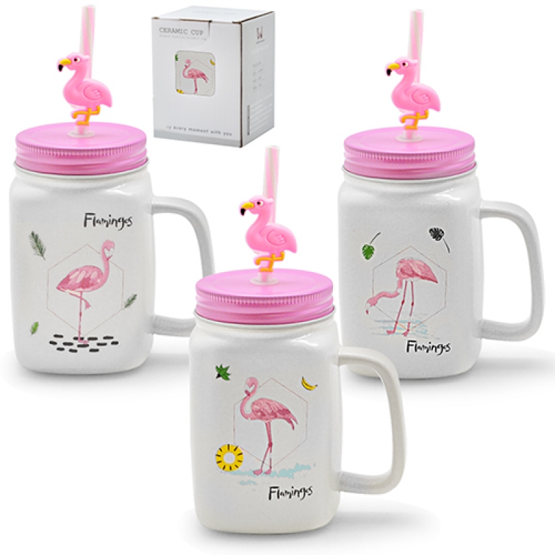 29544 Чашка-банка с закручивающейся крышкой и трубочкой Flamingos 380мл R29544 (шт.)