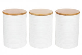 304-903 Набор (3шт) керамических банок 650мл с бамбуковыми крышками с объемным рисунком Линии, цвет - белый