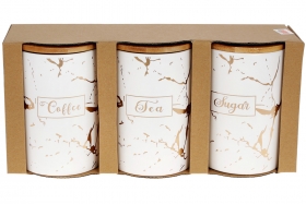 304-945 Набор (3шт) керамических банок 650мл с бамбуковыми крышками и мраморным принтом Sugar, Tea, Coffee, цвет - белый матовый с золотом