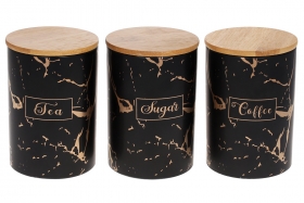 304-947 Набор (3шт) керамических банок 650мл с бамбуковыми крышками и мраморным принтом Sugar, Tea, Coffee, цвет - чёрный матовый с золотом