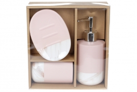 851-277 Набор для ванной (3 предмета): дозатор 350мл, стакан 300мл для зубных щеток, мыльница, цвет - розовый+белый мрамор