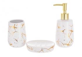 851-324 Набор для ванной (3 предмета) дозатор для мыла, стакан для зубных щеток и мыльница, дизайн - белый с золотом