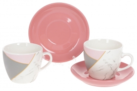 905-255 Кофейный набор фарфоровый: 2 чашки 240мл + 2 блюдца, цвет - розовый с белым