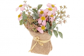 DY7-370 Декоративный букетик хризантем с зеленью в мешочке, 16см, цвет - розовый